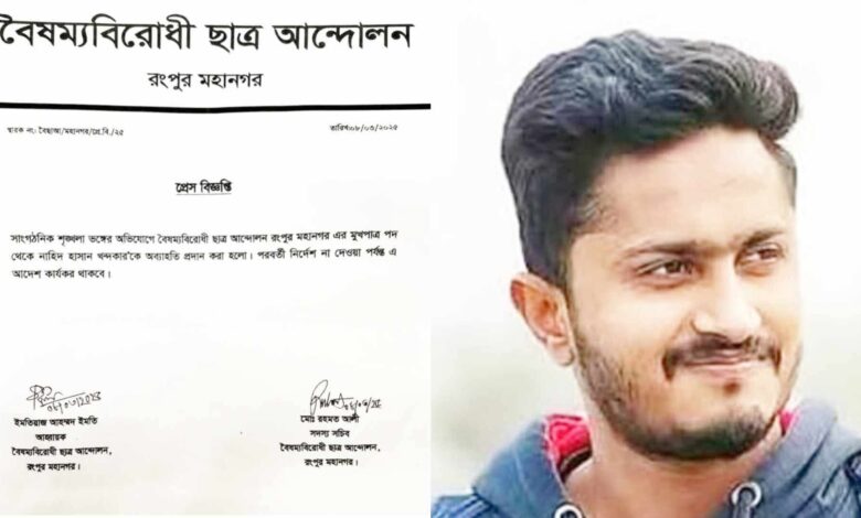 বৈষম্য বিরোধী ছাত্র আন্দোলন রংপুর মহানগর শাখার মুখপাত্র নাহিদ কে অব্যাহতি বৈষম্য বিরোধী ছাত্র আন্দোলন রংপুর মহানগর শাখার মুখপাত্র নাহিদ কে অব্যাহতি